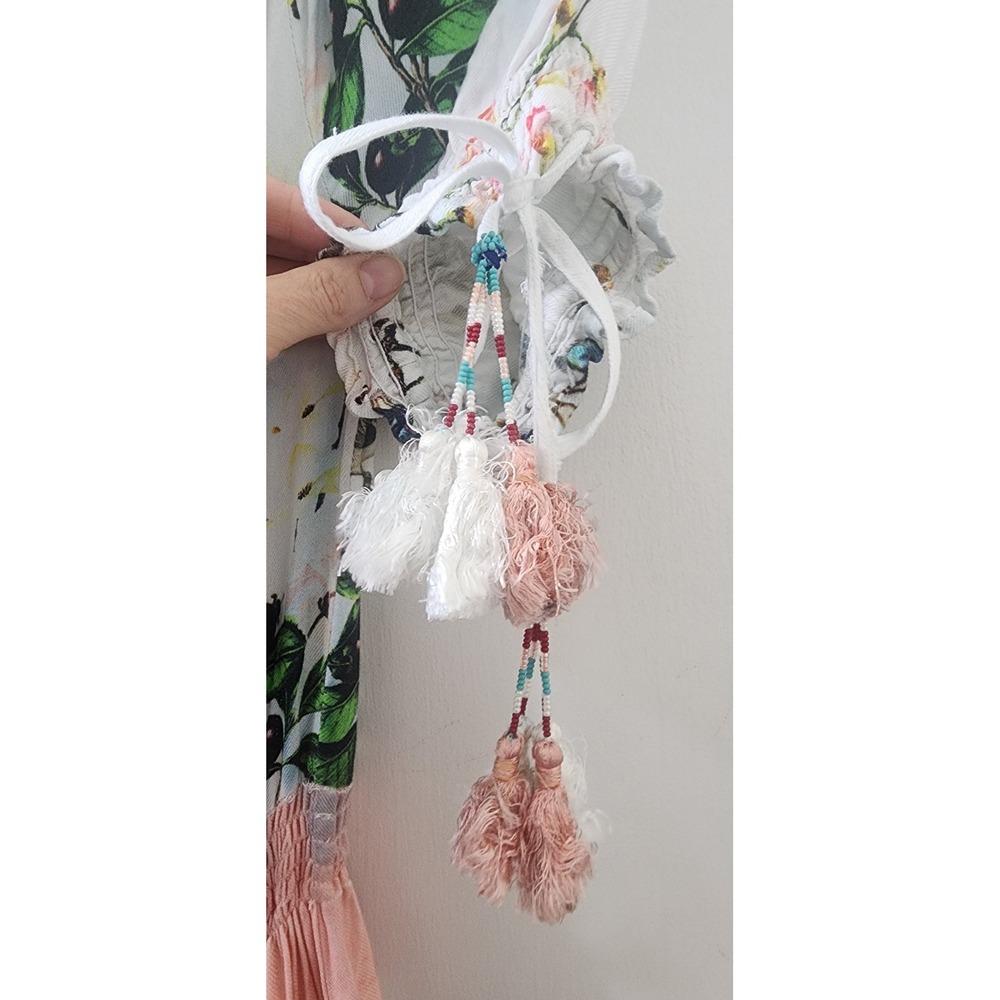Hemant and Nandita Floral Tiered Mini Dress Smocked Waist Beaded Tassels Small - Picture 7 of 14